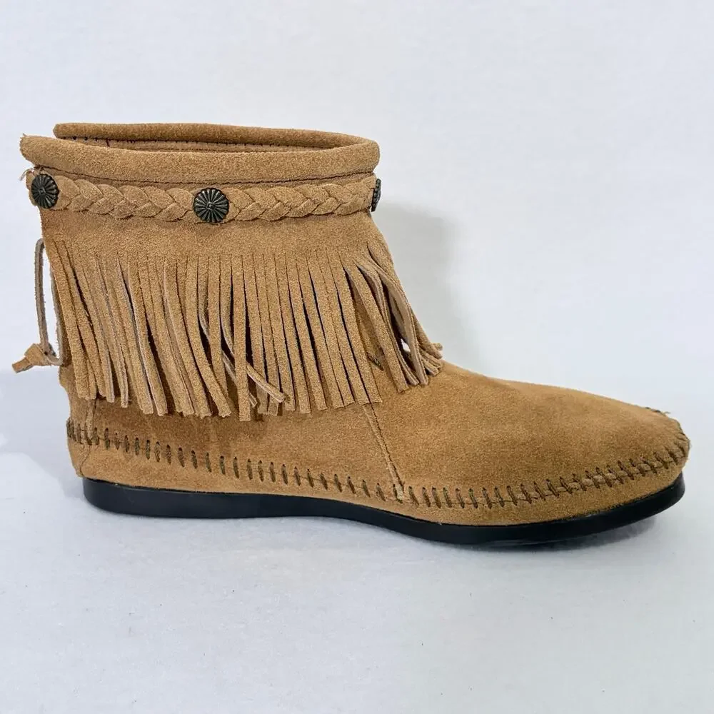 Minnetonka Ankle Boots Womens 8 Fringe Brown Suede Leather BOHO Southwestern